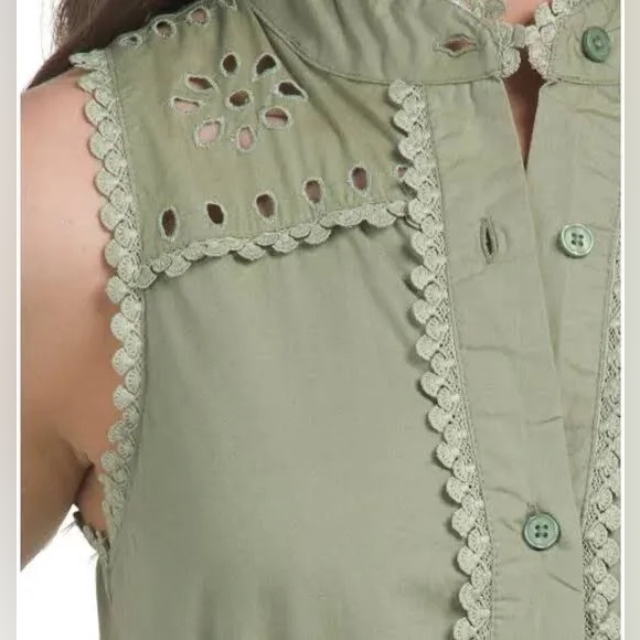 AVEC LES FILLES Eyelet Embroidery Sleeveless Maxi Dress Olive Green Size Small - Picture 3 of 12